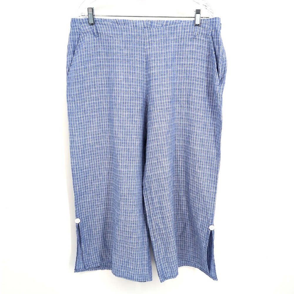 Habitat Pants Blue Plaid Linen Blend Wide Leg Pull On Button Hem Women's Large